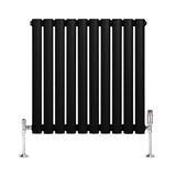 Oval svart enkelkolonnsradiator med sju vertikala ribbor och glänsande ventiler, mått 600 mm x 600 mm, stilren design