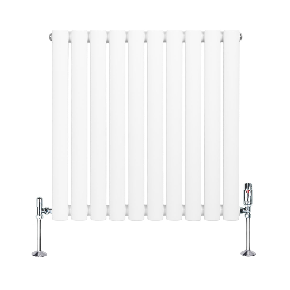 Oval vit enkelpelarradiator med sju vertikala ribbor och kromade ventiler, mått 600 mm x 600 mm, modern och stilren design