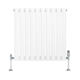 Oval vit enkelpelarradiator med sju vertikala ribbor och kromade ventiler, mått 600 mm x 600 mm, modern och stilren design