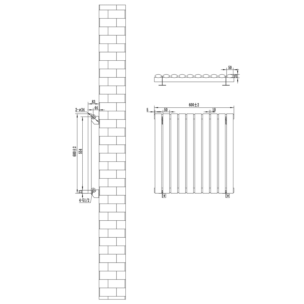 Oval vit enkelpelarradiator med måtten 600 mm x 600 mm, visar detaljerad design och ventiler för effektiv värmeöverföring