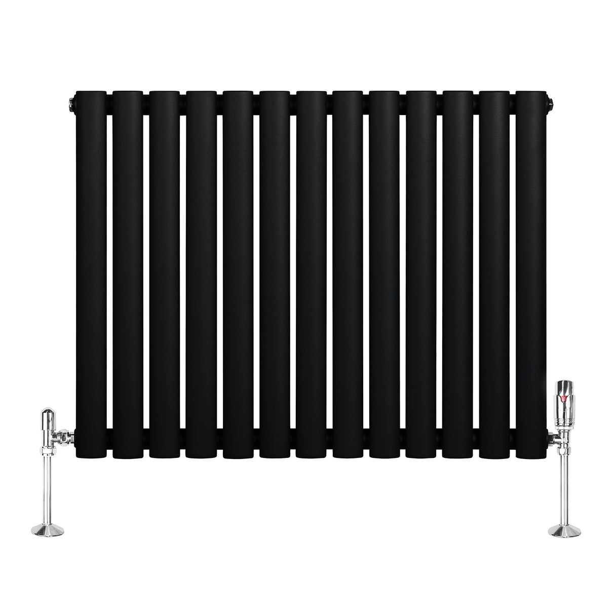 Oval svart enkelkolonnsradiator med elva vertikala ribbor, glänsande ventiler och stabila fötter, mått 600 mm x 780 mm