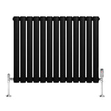 Oval svart enkelkolonnsradiator med elva vertikala ribbor, glänsande ventiler och stabila fötter, mått 600 mm x 780 mm