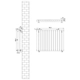 Oval svart enkelkolonnsradiator med ventiler, mått 600 mm x 780 mm, visar detaljerad design och dimensioner i teknisk ritning