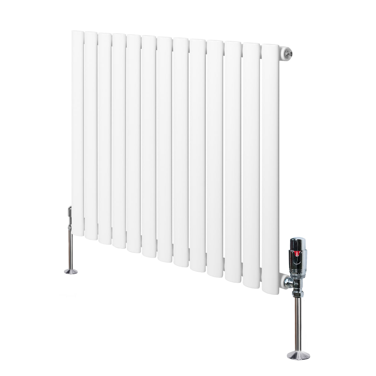 Oval enkelpelarradiator i vit färg, 600 mm x 780 mm, med släta ytor och stilrena ventiler för effektiv uppvärmning