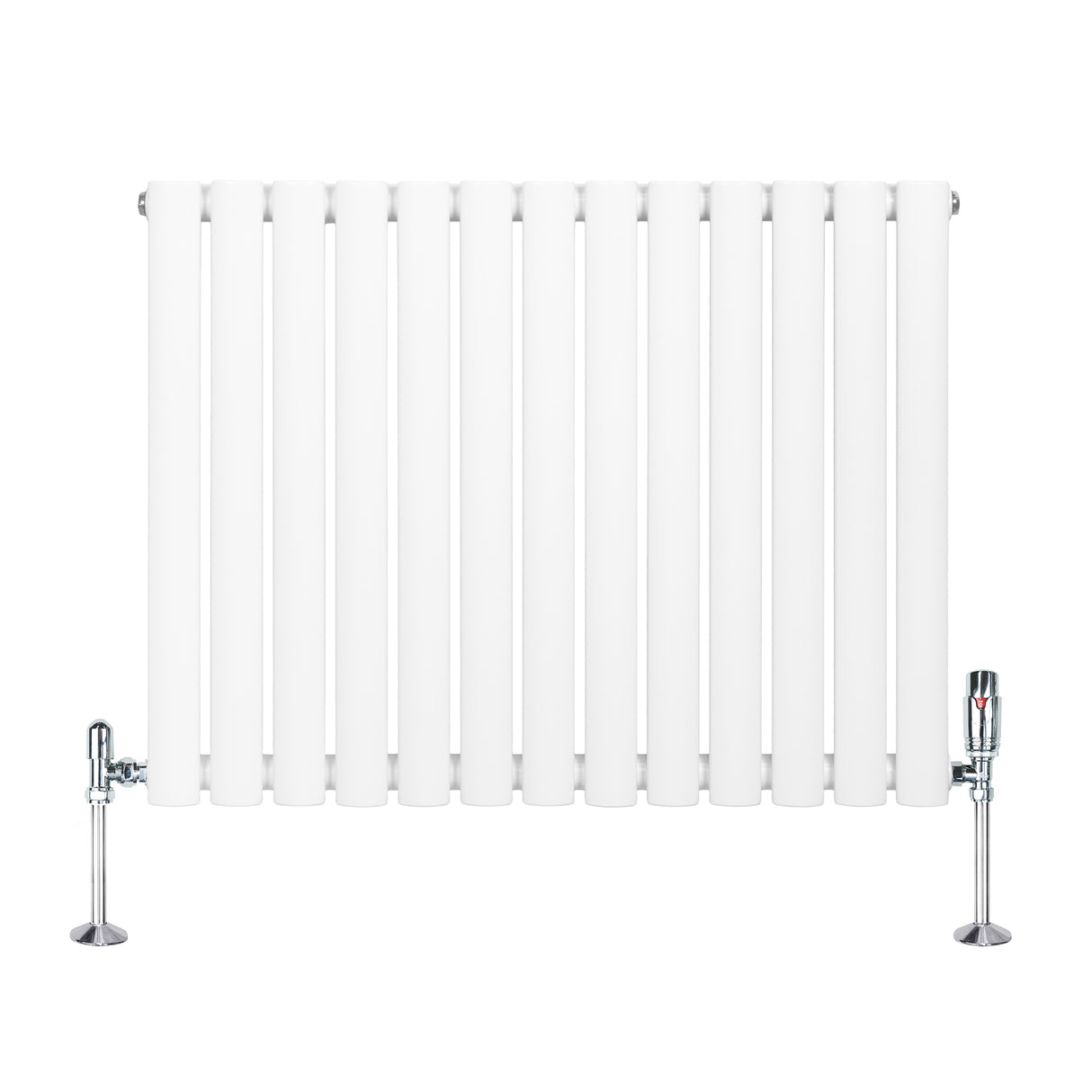 Oval enkelpelarradiator i vit färg med släta ytor och kromade ventiler, mått 600 mm x 780 mm, stilren och modern design