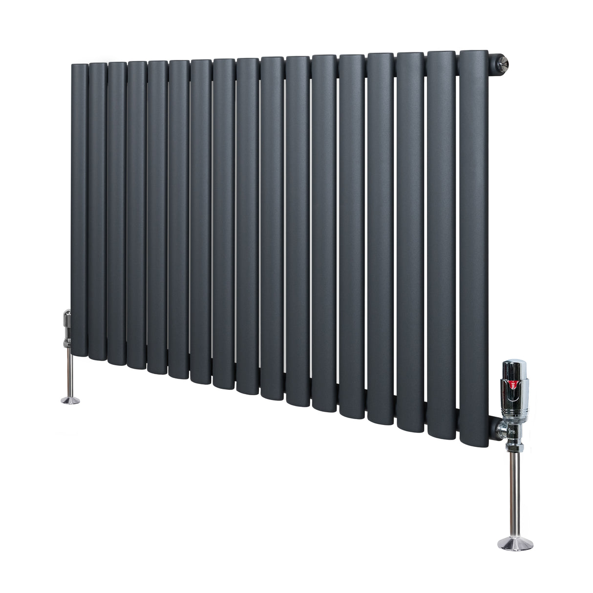 Oval enkelkolonnsradiator i antracitgrått, 600 mm x 1020 mm, med släta, vertikala rör och synliga ventiler i metallfinish