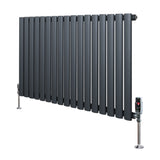 Oval enkelkolonnsradiator i antracitgrått, 600 mm x 1020 mm, med släta, vertikala rör och synliga ventiler i metallfinish