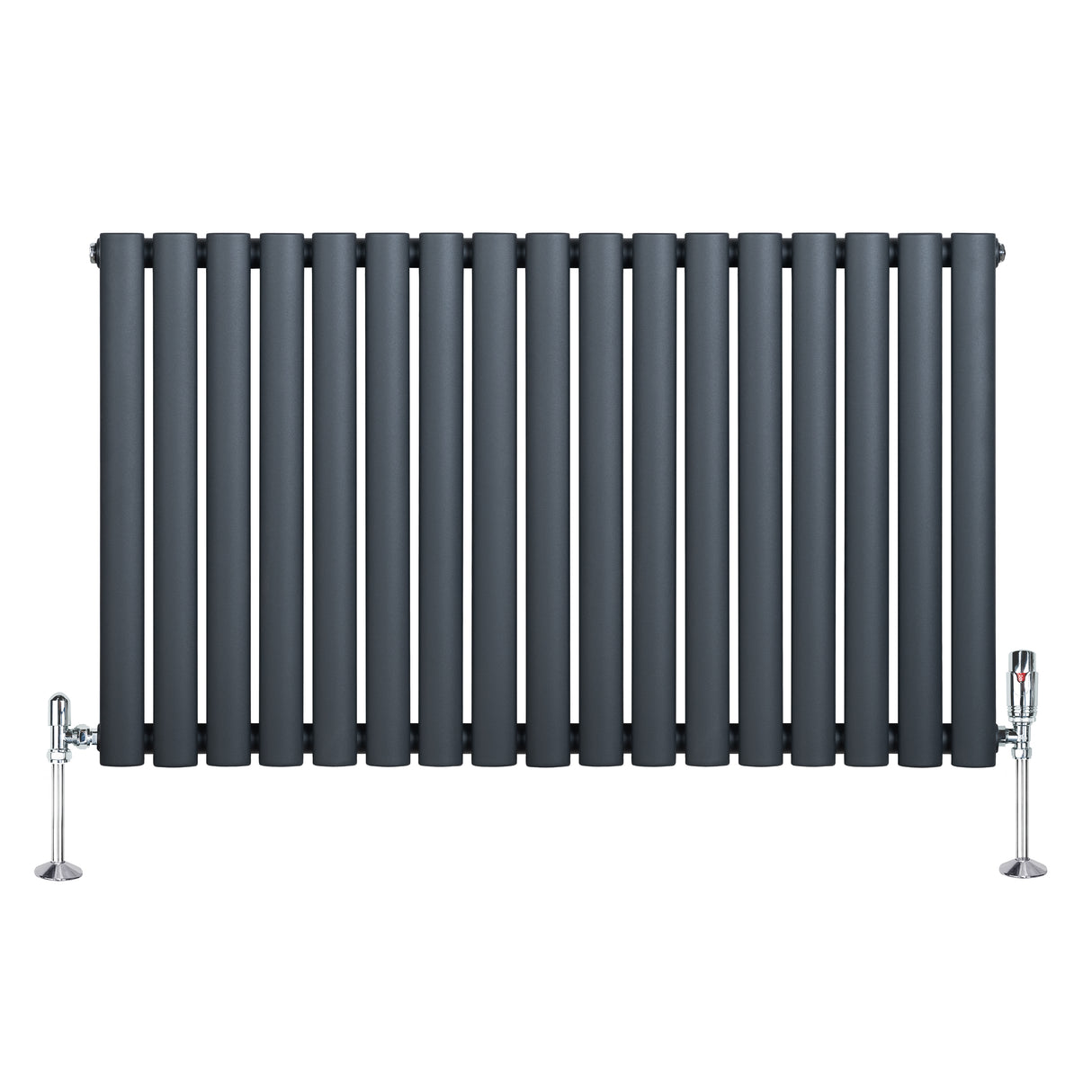 Oval enkelkolonnsradiator i antracitgrå med släta, runda ribbor och kromade ventiler, 600 mm x 1020 mm, modern design