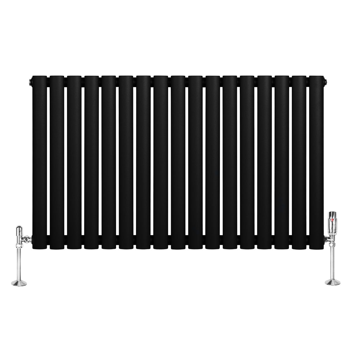 Oval svart enkelkolonnsradiator med släta, rektangulära sektioner och glänsande ventiler, 600 mm x 1020 mm, modern design
