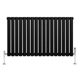 Oval svart enkelkolonnsradiator med släta, rektangulära sektioner och glänsande ventiler, 600 mm x 1020 mm, modern design