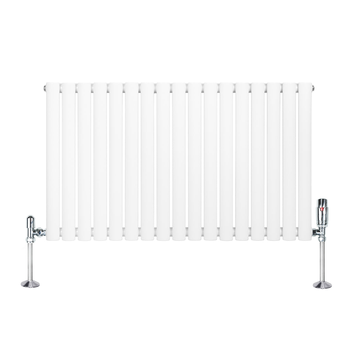 Oval vit enkelkolonnsradiator med släta, rektangulära ribbor och glänsande ventiler, perfekt för effektiv uppvärmning