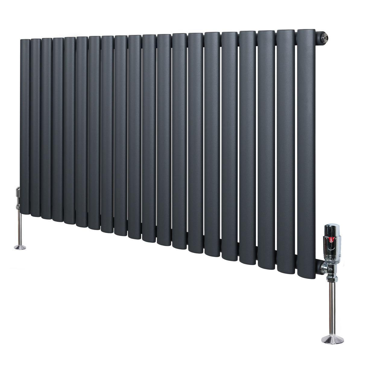 Oval enkelkolonnsradiator i antracitgrå, 600 mm x 1200 mm, med släta, runda rör och ventiler för effektiv värmefördelning