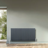 Oval enkelkolonnsradiator i antracitgrå, 600 mm x 1200 mm, med släta ytor och eleganta ventiler, placerad mot en ljus vägg