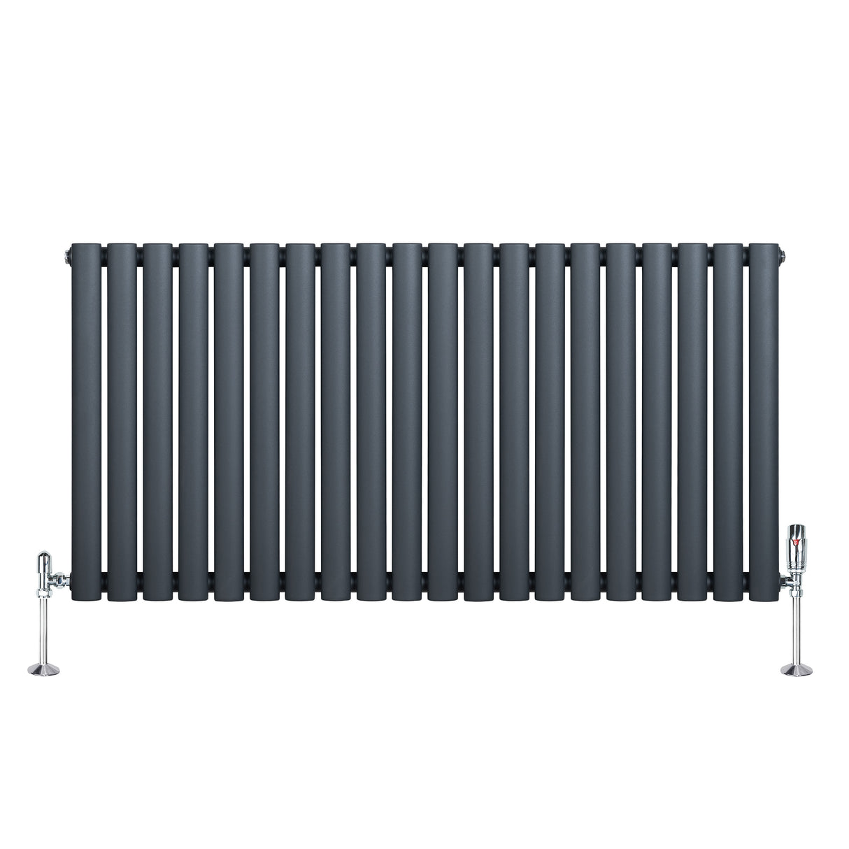 Oval enkelkolonnsradiator i antracitgrå med släta, runda rör och två ventiler, mått 600 mm x 1200 mm, modern design