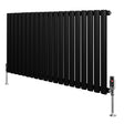 Oval svart enkelkolonnsradiator med släta, cylindriska sektioner och glänsande ventiler, 600 mm x 1200 mm, modern design