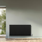 Oval svart enkelkolonnsradiator med släta ytor och kromade ventiler, placerad mot en ljus vägg i ett modernt rum