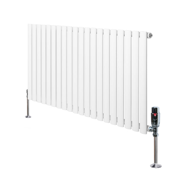 Oval enkelpelarradiator i vit färg, 600 mm x 1200 mm, med släta ytor och moderna ventiler, perfekt för effektiv uppvärmning