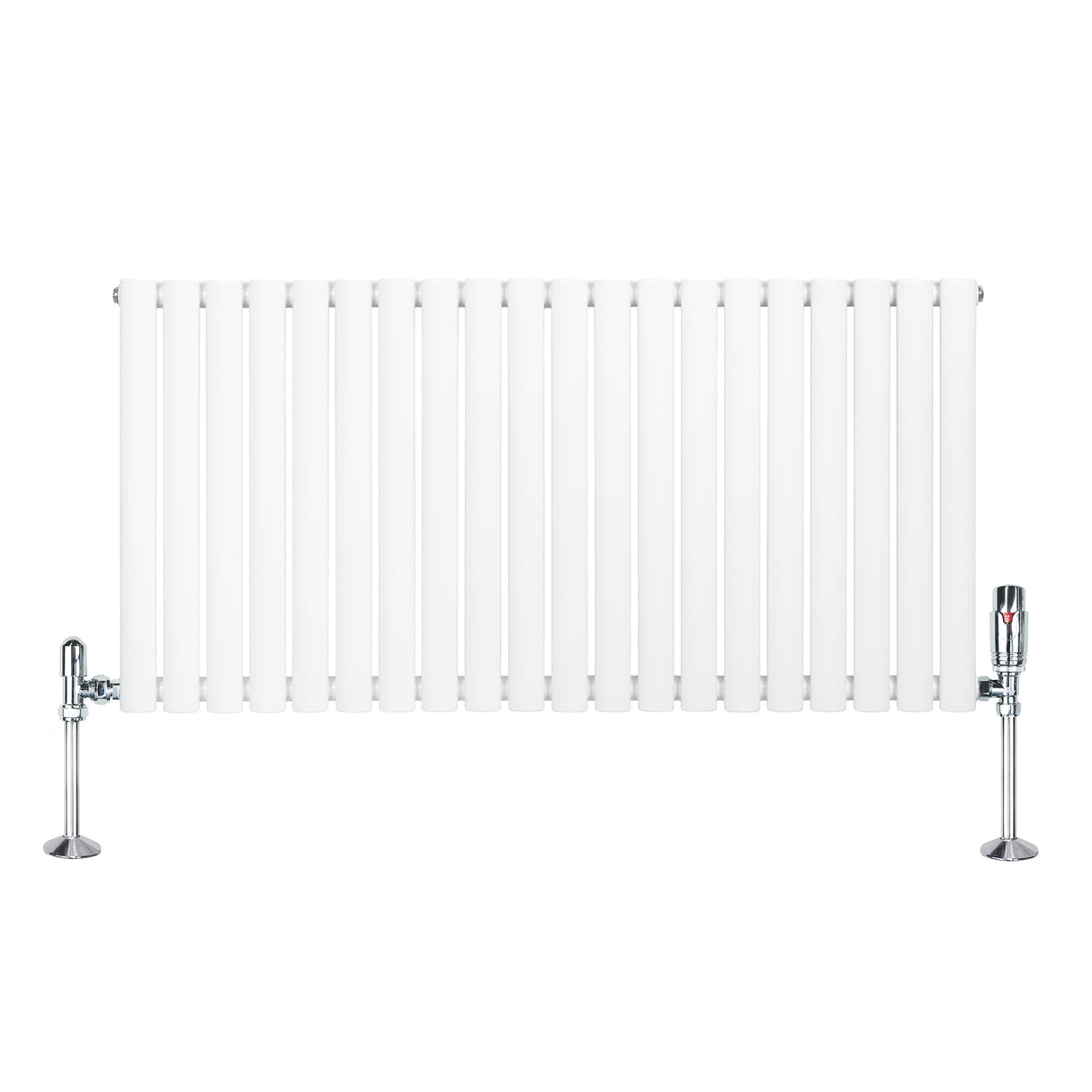 Oval vit enkelpelarradiator med släta, vertikala ribbor och glänsande ventiler, mått 600 mm x 1200 mm, perfekt för moderna hem