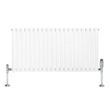 Oval vit enkelpelarradiator med släta, vertikala ribbor och glänsande ventiler, mått 600 mm x 1200 mm, perfekt för moderna hem
