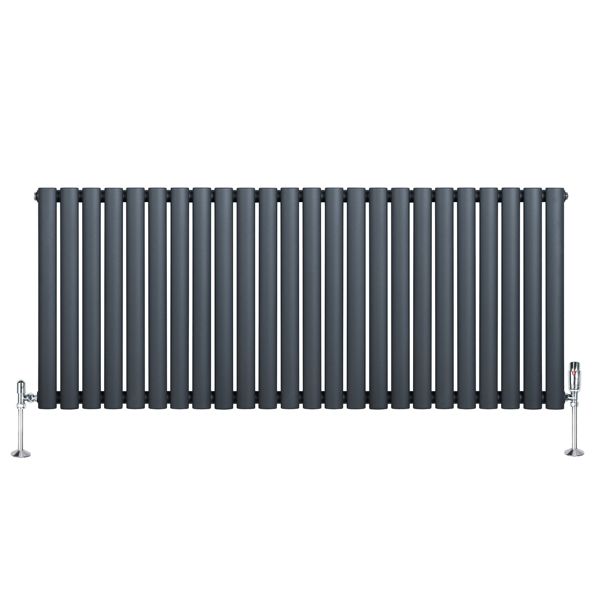 Oval enkelkolonnsradiator i antracitgrå med släta, vertikala ribbor och kromade ventiler, 600 mm x 1440 mm