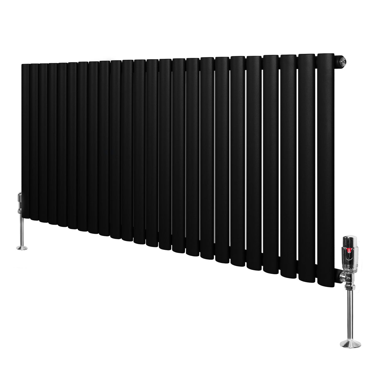 Oval svart enkelkolonnsradiator med släta, vertikala ribbor och ventiler, mått 600 mm x 1440 mm, modern och stilren design