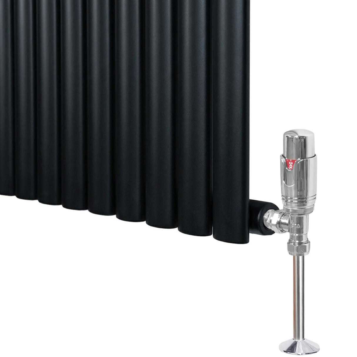 Oval svart enkelkolonnsradiator med släta rör och glänsande ventil, mått 600 mm x 1440 mm, elegant och modern design