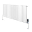 Oval enkelpelarradiator i vit färg, 600 mm x 1440 mm, med släta, vertikala lameller och synliga ventiler på sidan
