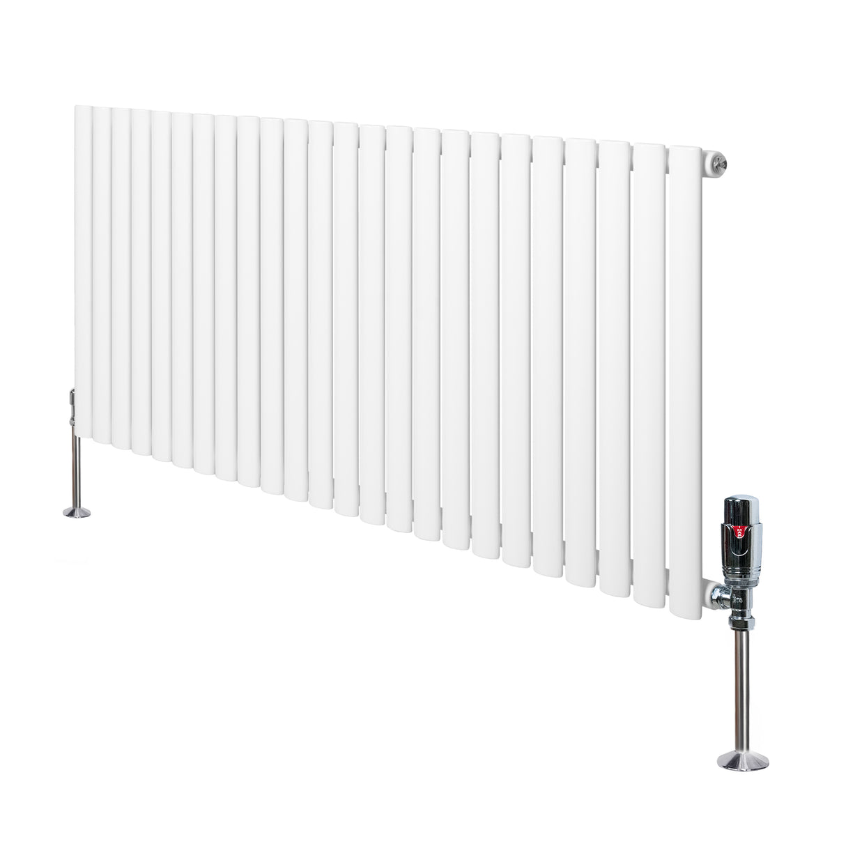 Oval enkelpelarradiator i vit färg, 600 mm x 1440 mm, med släta, vertikala lameller och synliga ventiler på sidan