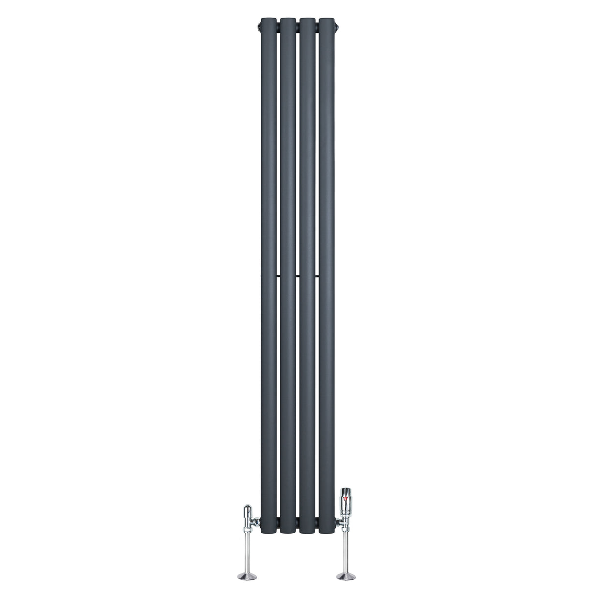 Oval enkelkolonnsradiator i antracitgrå, 1600 mm x 240 mm, med släta ytor och eleganta ventiler för modern inredning