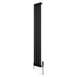 Svart oval enkelkolonnsradiator med fyra vertikala ribbor och synliga ventiler, stilren design för modern inredning