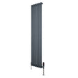 Oval enkelkolonnsradiator i antracitgrå med slanka, vertikala lameller och ventiler, mått 1600 mm x 360 mm