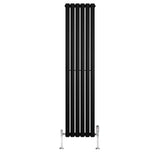Svart oval enkelkolonnsradiator med sex vertikala sektioner och kromade ventiler, 1600 mm x 360 mm, modern och stilren design
