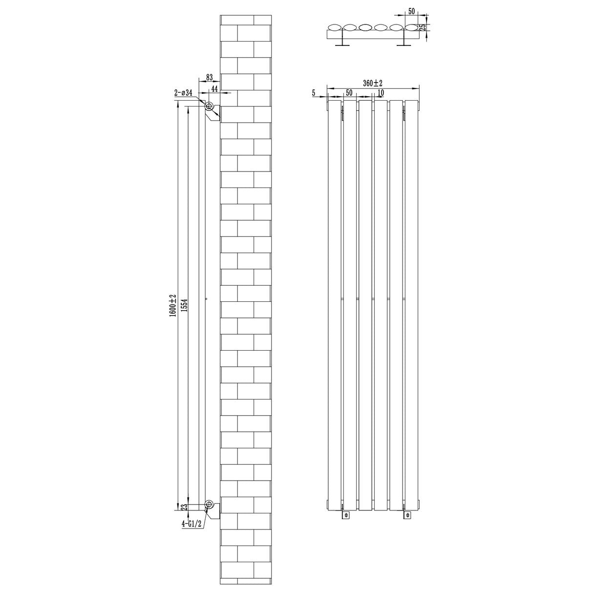 Oval svart enkelkolonnsradiator med ventiler, 1600 mm x 360 mm, visar detaljerad design och mått för installation