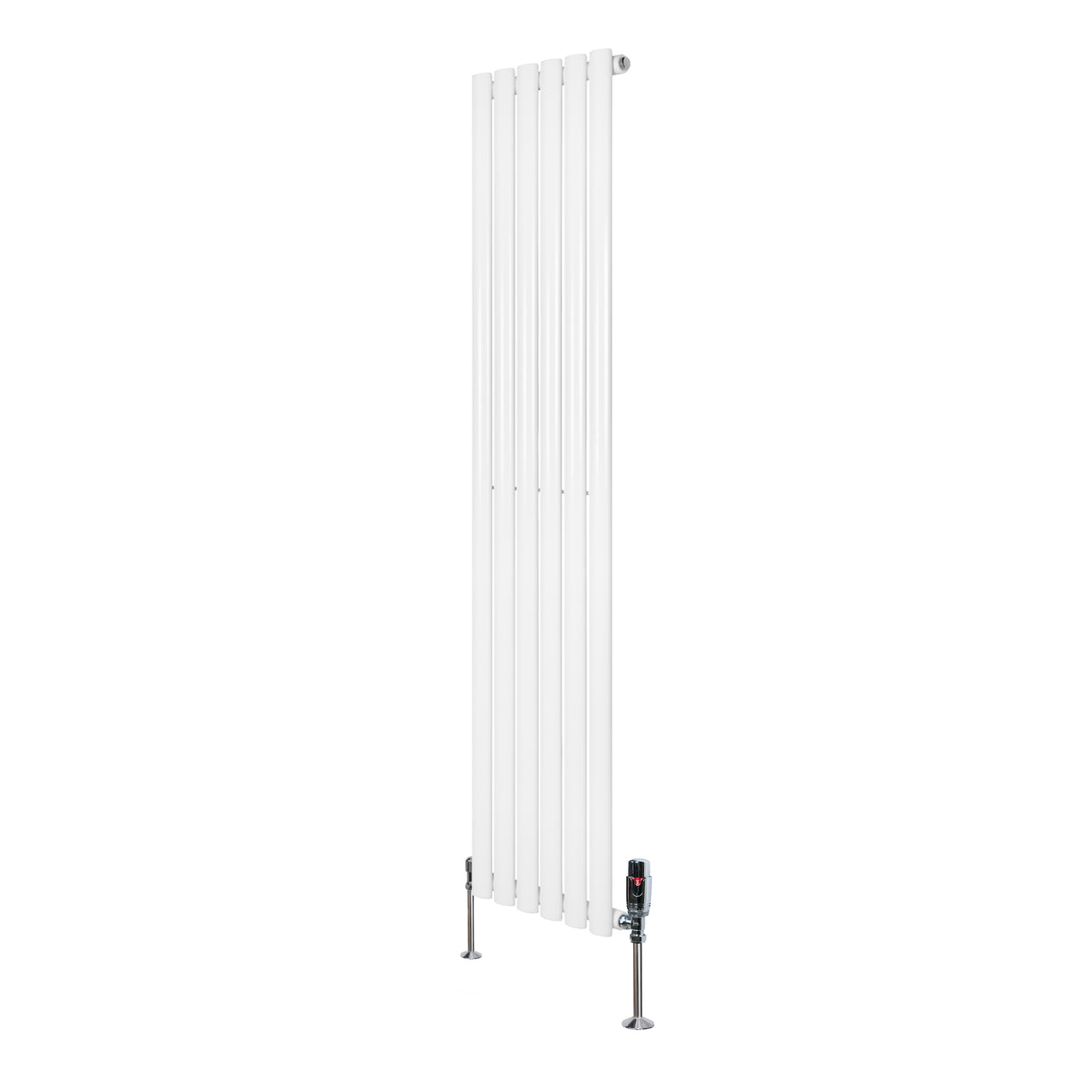 Oval enkelpelarradiator i vit färg, 1600 mm x 360 mm, med släta ytor och moderna ventiler, perfekt för effektiv uppvärmning