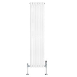 Vit oval enkelpelarradiator med släta ytor och kromade ventiler, 1600 mm hög och 360 mm bred, perfekt för moderna hem