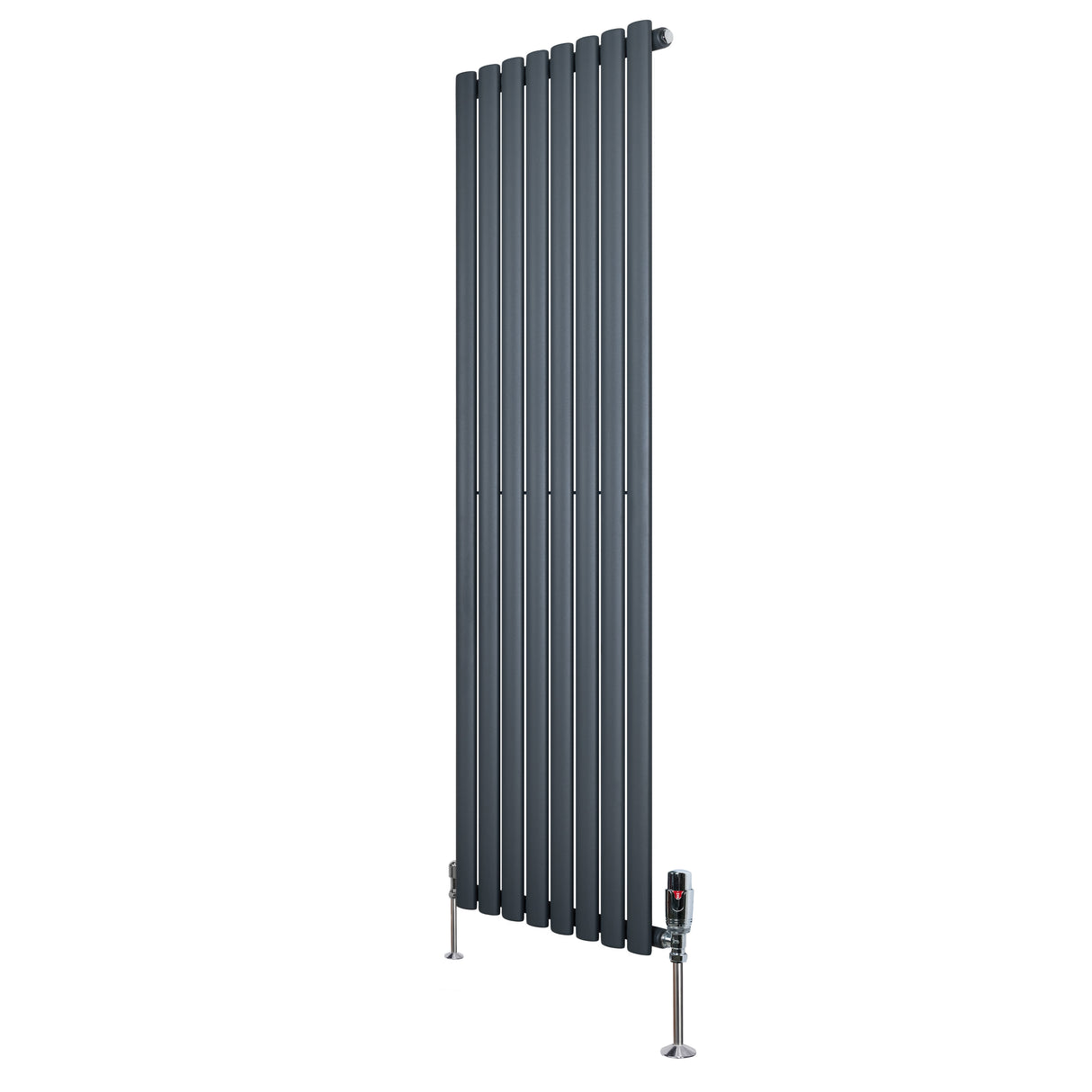 Oval enkelkolonnsradiator i antracitgrå, 1600 mm x 480 mm, med släta, vertikala lameller och moderna ventiler i metall