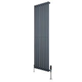 Oval enkelkolonnsradiator i antracitgrå, 1600 mm x 480 mm, med släta, vertikala lameller och moderna ventiler i metall