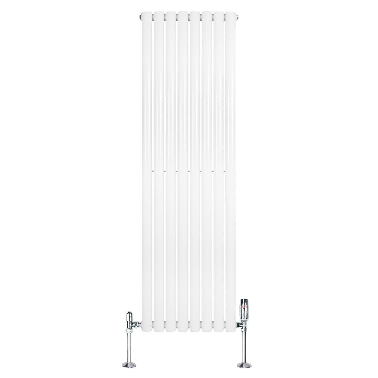 Oval vit enkelpelarradiator med släta ytor och kromade ventiler, 1600 mm x 480 mm, perfekt för modern inredning