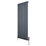 Oval enkelkolonnsradiator i antracitgrå, 1600 mm x 600 mm, med släta, vertikala lameller och synliga ventiler i metall