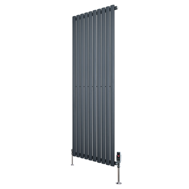 Oval enkelkolonnsradiator i antracitgrå, 1600 mm x 600 mm, med släta, vertikala lameller och synliga ventiler i metall