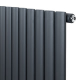 Oval enkelkolonnsradiator i antracitgrå med släta, rundade rör och glänsande ventiler, mått 1600 mm x 600 mm