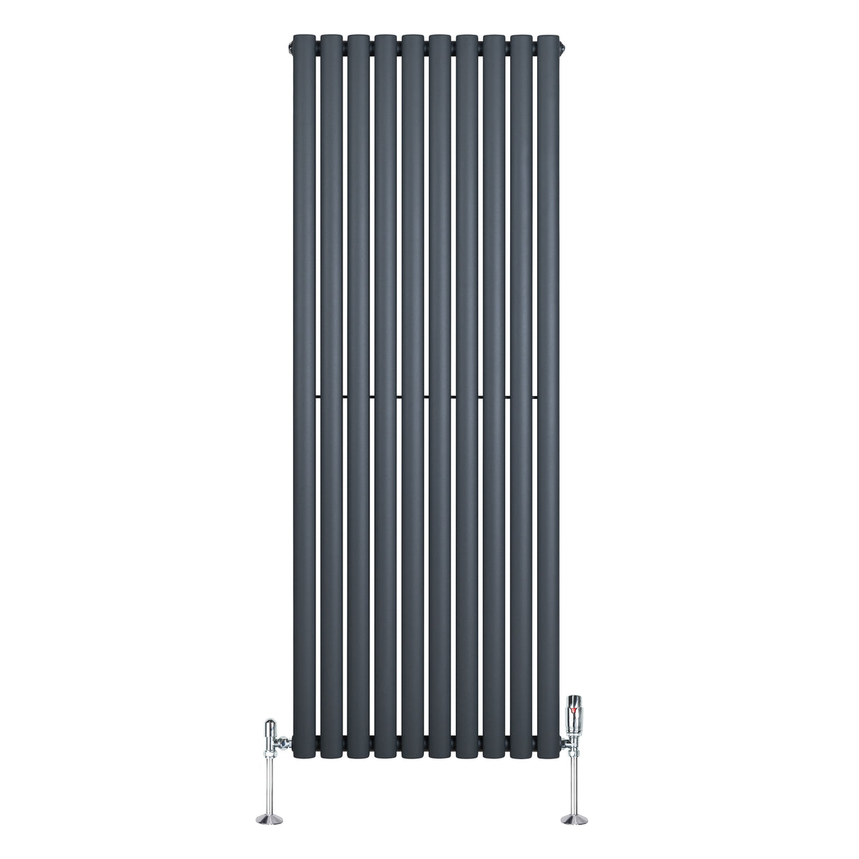Oval enkelkolonnsradiator i antracitgrå med släta, vertikala ribbor och kromade ventiler, mått 1600 mm x 600 mm