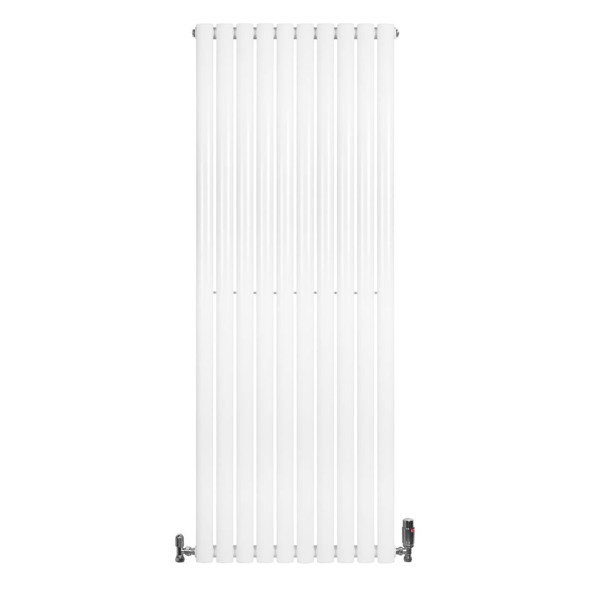 Oval vit enkelpelarradiator med släta, vertikala ribbor och ventiler, 1600 mm x 600 mm, perfekt för modern inredning