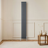 Oval enkelkolonnsradiator i antracitgrå, 1800 mm x 240 mm, med släta ytor och stilren design, placerad mot en ljus vägg