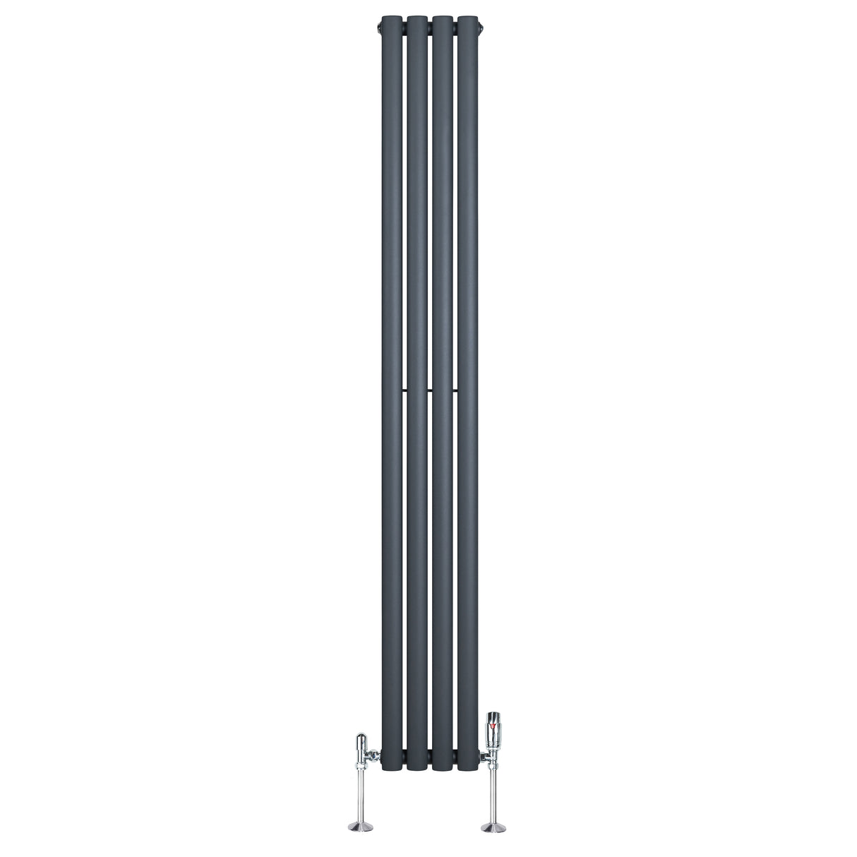 Oval enkelkolonnsradiator i antracitgrå med fyra vertikala sektioner och synliga ventiler, elegant och modern design