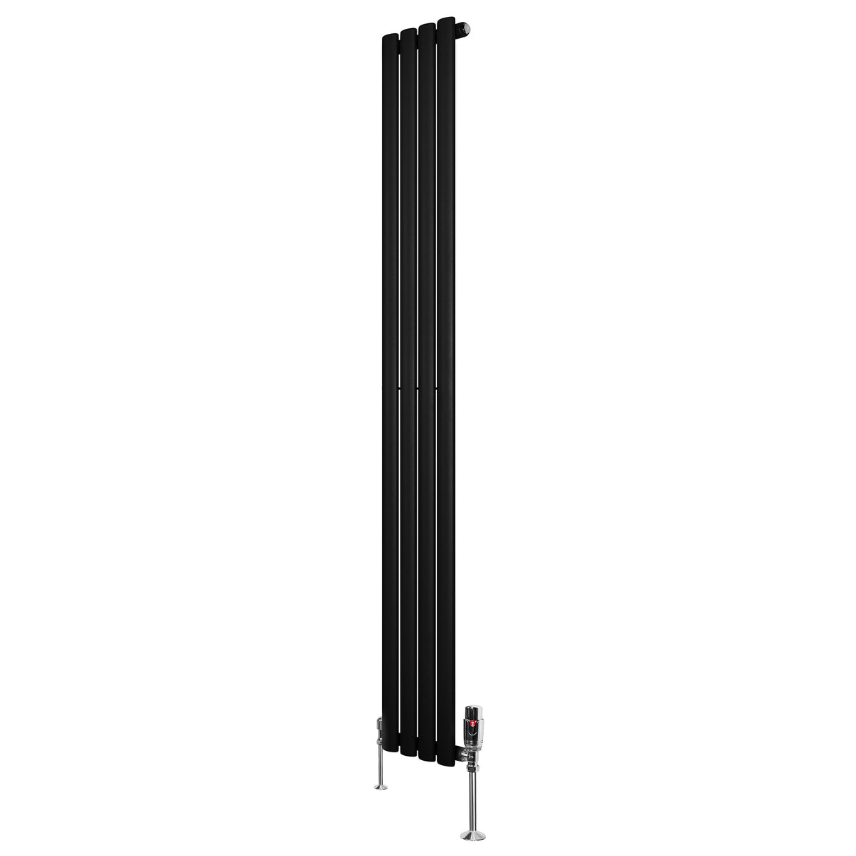 Svart oval enkelkolonnsradiator med fyra vertikala sektioner och ventiler, elegant design för modern inredning, 1800 mm x 240 mm