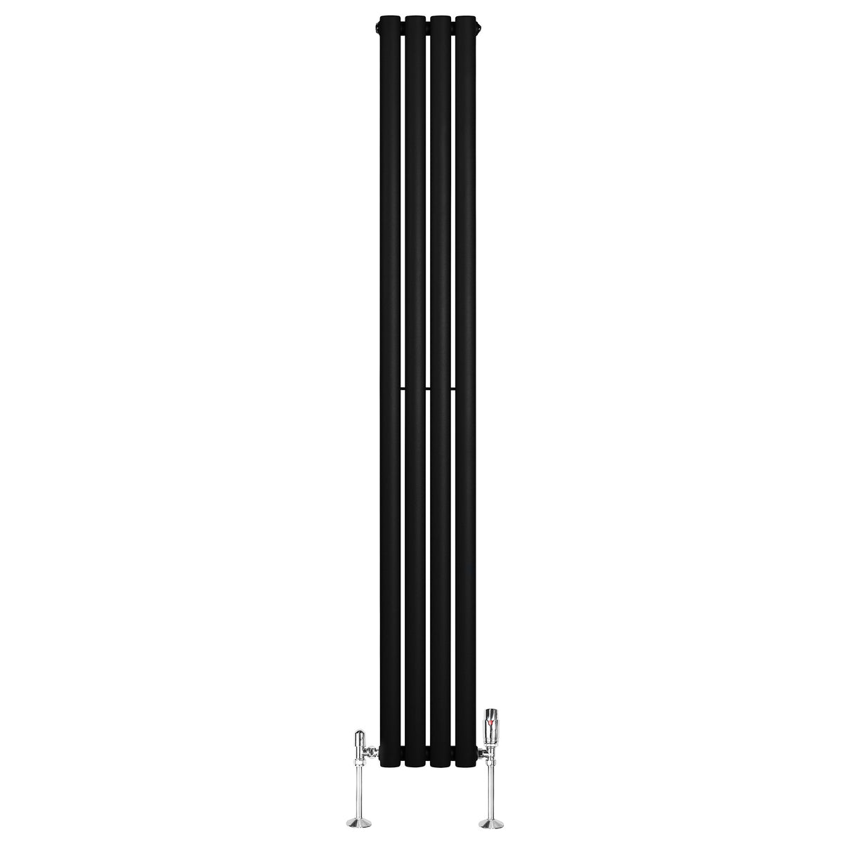 Svart oval enkelkolonnsradiator med fyra vertikala sektioner och synliga ventiler, elegant och modern design för inredning