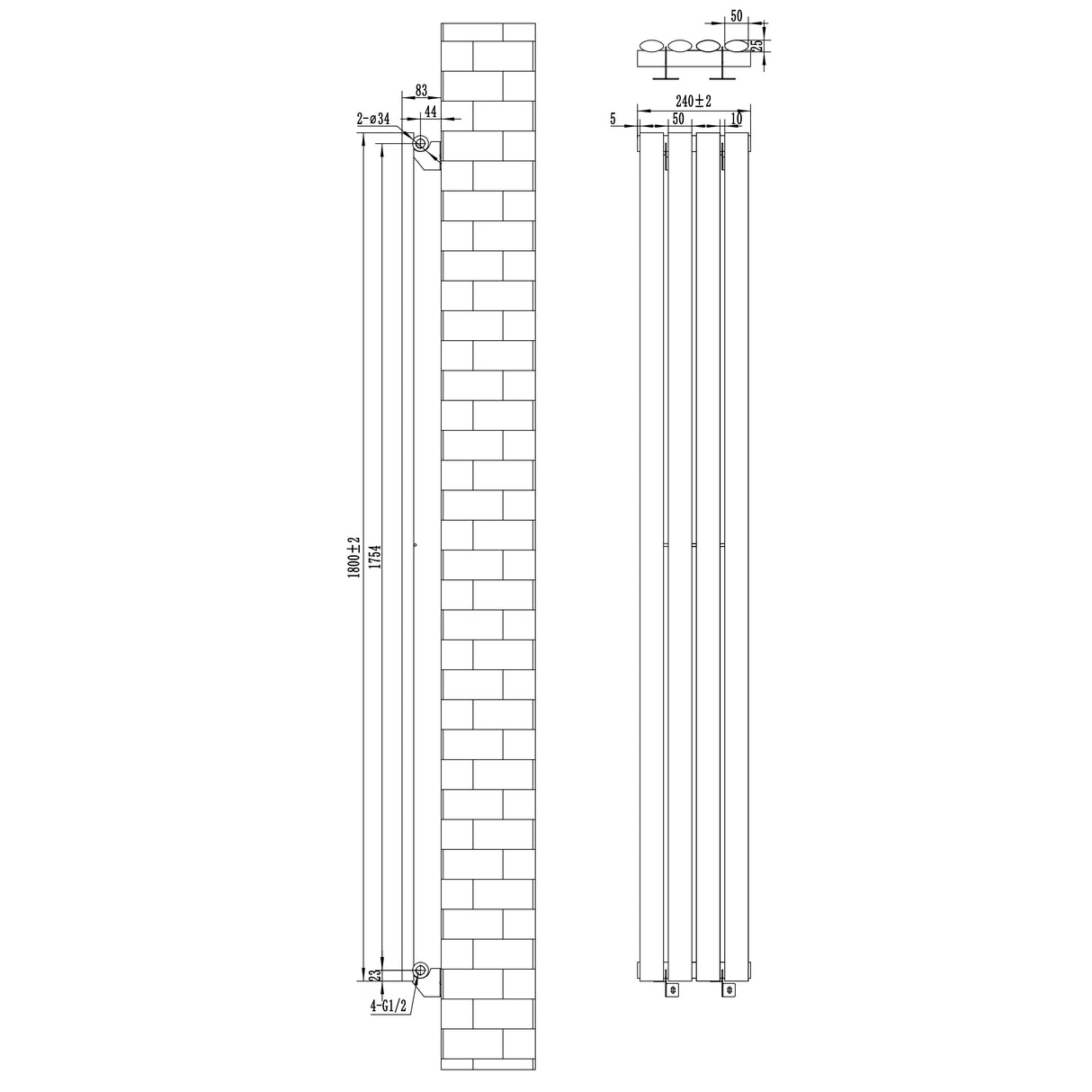 Oval svart enkelkolonnsradiator med ventiler, mått 1800 mm x 240 mm, visar detaljerad design och dimensioner för installation