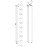Oval svart enkelkolonnsradiator med ventiler, mått 1800 mm x 240 mm, visar detaljerad design och dimensioner för installation