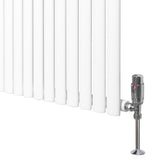 Oval vit enkelpelarradiator med släta, rektangulära sektioner och en glänsande ventil, perfekt för effektiv uppvärmning